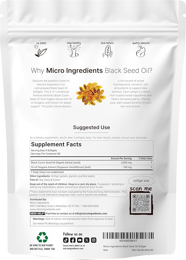 Micro Ingredients Black Seed Oil Softgels 3000mg 240 Count | 2-in-1 Formula with Oil of Oregano Carvacrol &amp Thymoquinone | Plant Based Non-GMO