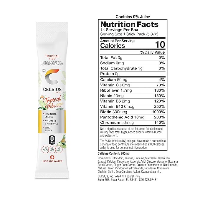 CELSIUS® Zero Sugar Energy Drink &amp Powder Stick Bundle Tropical Vibe