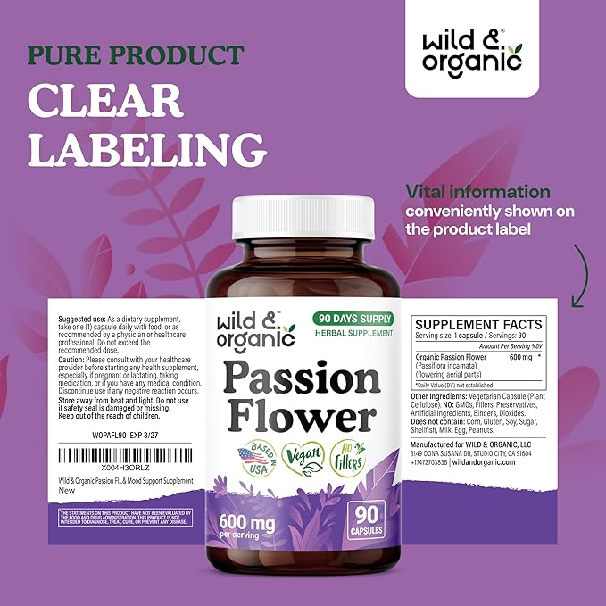 Wild &amp Organic Passion Flower Capsules 600 mg - Calming &amp Mood Support - Passionflower Extract Supplement - Passiflora Incarnata Herb - Vegan No Fillers Non-GMO - 90 Count