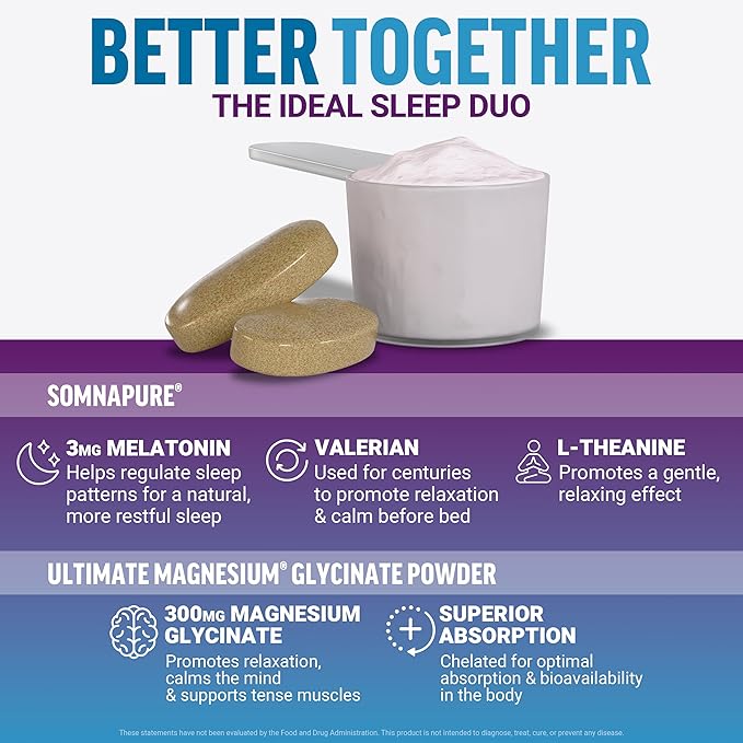 Bundle of Force Factor Somnapure Drug-Free Sleep Aid for Adults for with Melatonin &amp Valerian 60 Tablets + Force Factor Ultimate Magnesium Glycinate Powder 300mg Raspberry Lemon 30 Servings