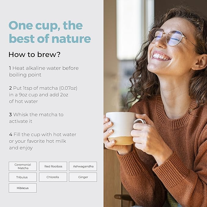 Michelle Peiret Adaptogen Ceremonial Grade Matcha Tea with Ashwagandha &amp Ginger Root Perfect Coffee Substitute Premium Blend 15 Servings