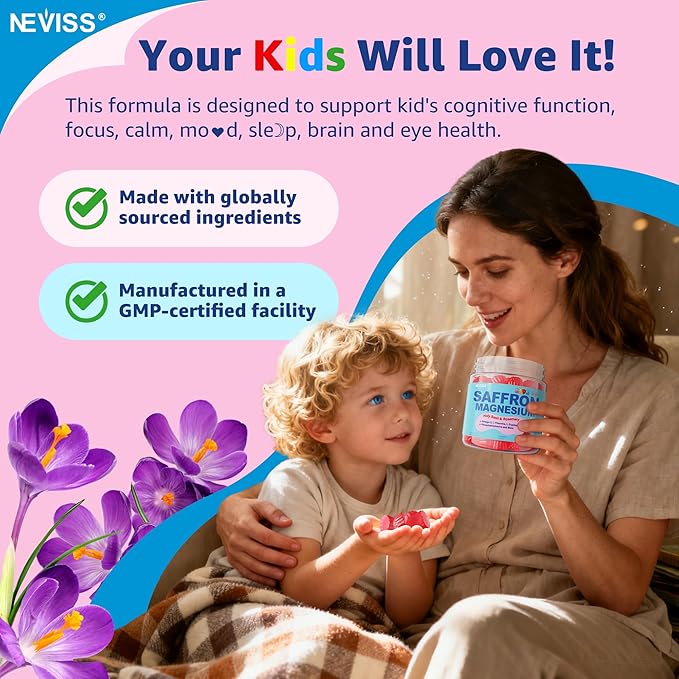 Saffron + Magnesium Glycinate+ Omega-3 - Calm Focus Gummies for Kids 4+ Saffron Extract Supplement with L-Theanine Holy Basil Rosemary B6 B9 B12 D3 for Happy Mood Cognition ZZz Sugar Free