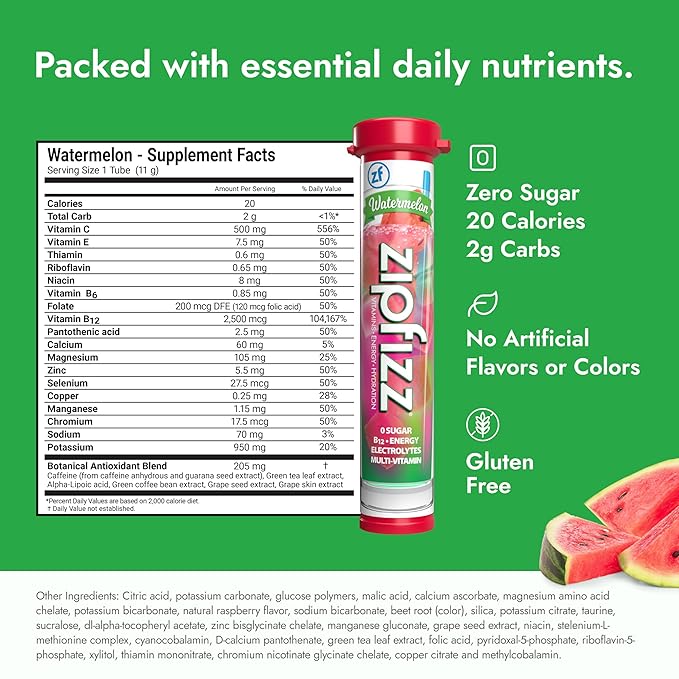 Zipfizz Daily Energy Drink Powder Watermelon 20 Pack | 3-in-1 Sustained Energy Rapid Hydration and Essential Vitamins | Sugar-Free | Electrolyte Powder | Contains Vitamin B-12 &amp Antioxidants
