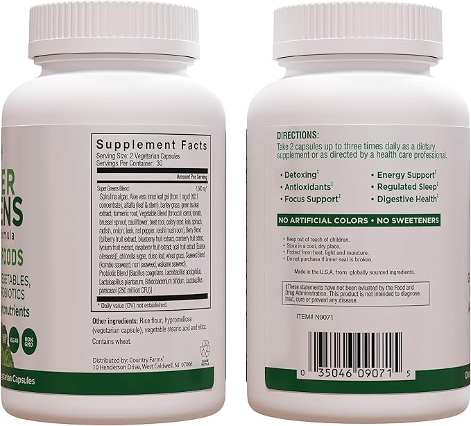 COUNTRY FARMS Super Greens Vegicaps 32 Super Foods Whole Food Supplement Greens Fruit Vegetables Mushrooms &amp Probiotics Rich in Antioxidants &amp Phytonutrients 120 Count 60 Servings