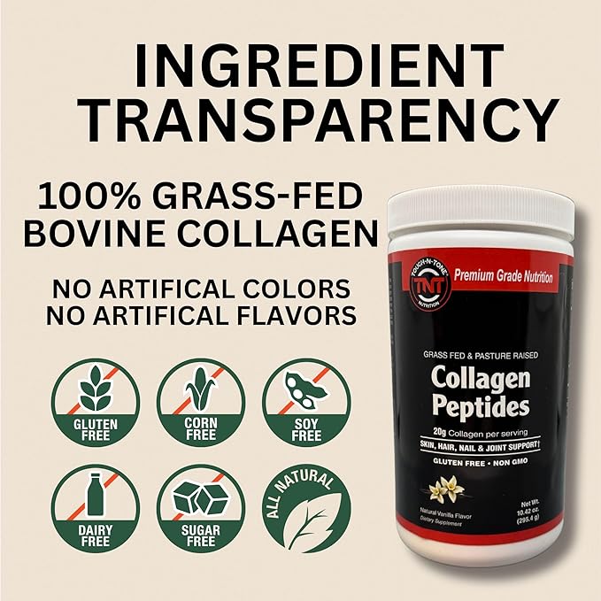 TOUGH-N-TONE Collagen Peptides Powder – Vanilla Flavor – 20g Hydrolyzed Type I &amp III Grass-Fed Bovine Collagen – Non-GMO Gluten-Free Dairy-Free Soy-Free