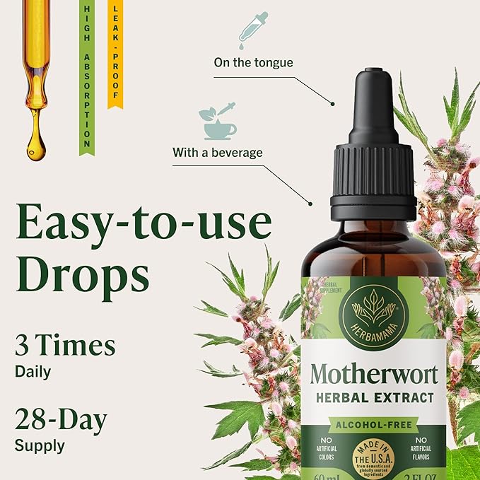HERBAMAMA Motherwort Tincture - Vegan Motherwort Herb Extract Calm Drops for Women's Support - Non-GMO Alcohol &amp Sugar-Free Liquid Relaxation Supplement 28-Day Supply