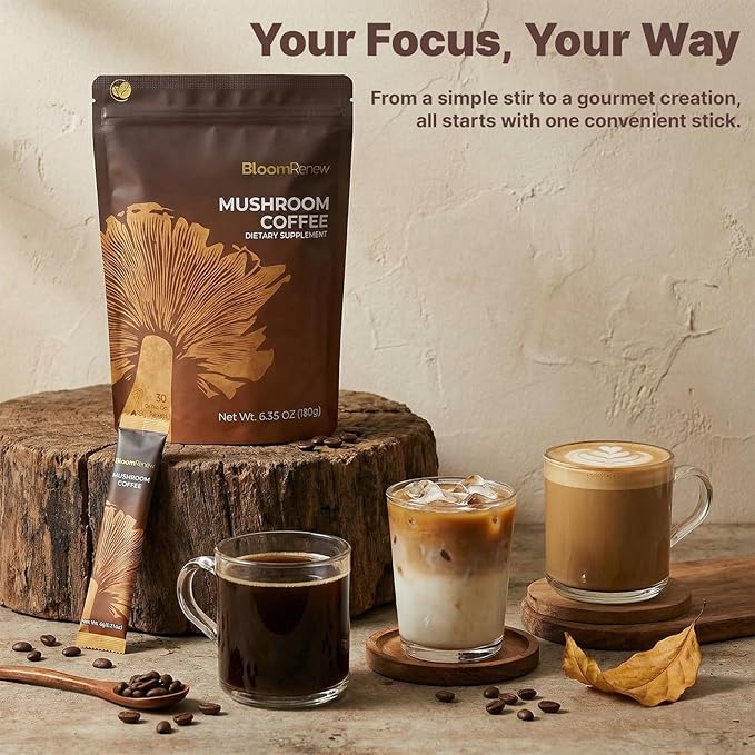 Mushroom Coffee Instant Coffee with Adaptogenic Mushrooms Organic Lion's Mane &amp Reishi Maitake Chaga MCT oil for Energy Focus Digestive &amp Immune Support 30 Servings