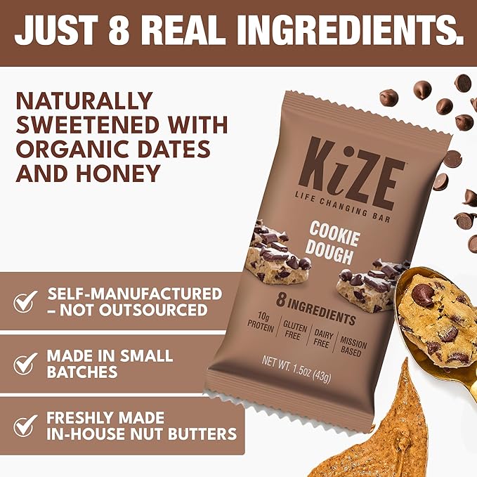 KiZE Energy Bars - Cookie Dough - 20-Count - Gluten Free Dairy Free Non-GMO and High Protein Meal Replacement Energy Bars Clean and Simple Food Ingredients - 10g High Protein Snacks (20 Count)