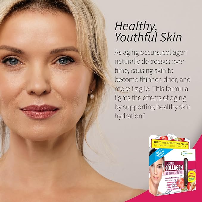 Applied Nutrition Liquid Collagen Skin Revitalization - 10 Liquid Tubes Pack of 2 - Collagen Biotin &amp Silica - Tropical Strawberry &amp Kiwi Flavor - 20 Servings