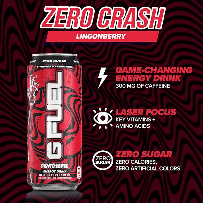 G Fuel Energy Drink Lingonberry Sugar Free Beverage with 300mg Caffeine Daily Energy Boost with Focus Amino Vitamin + Antioxidants 16 oz Cans (PewDiePie 12-Pack)