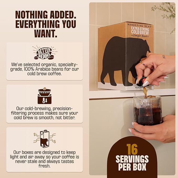 Wandering Bear Espresso Roast Organic Cold Brew Coffee On Tap Iced Coffee Drink - Extra Strong Smooth No Sugar Added Shelf-Stable Ready to Drink 100% Organic &amp Vegan - 16 Servings of 6fl.oz