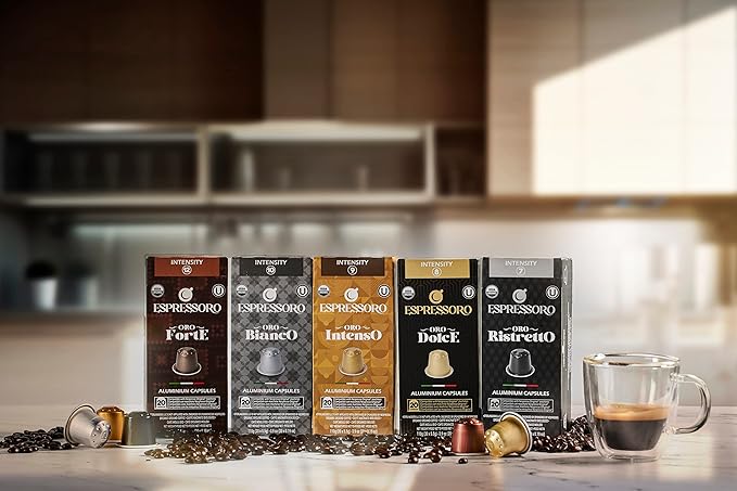 ESPRESSORO 100 USDA Organic Espresso Pods - INTENSO Aluminum Capsule Compatible with Nespresso Original Lines Machines. Intensity 9 - Premium Italian Coffee Pods.