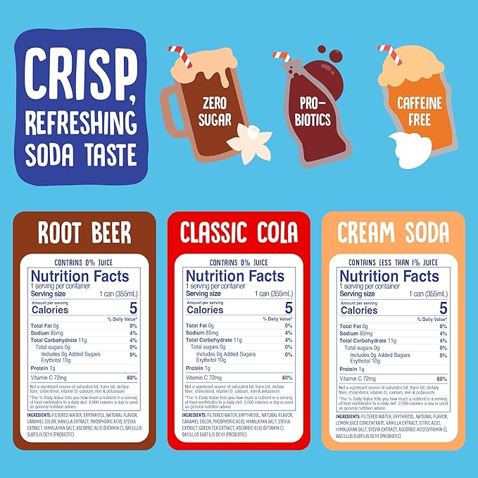 Cove Probiotic Soda Soft Drinks with Zero Sugar – Refreshing Functional Soda Alternative with Probiotics &amp Vitamin C – Naturally Flavored Caffeine-Free Sparkling Beverage – Nostalgic Variety 12-P