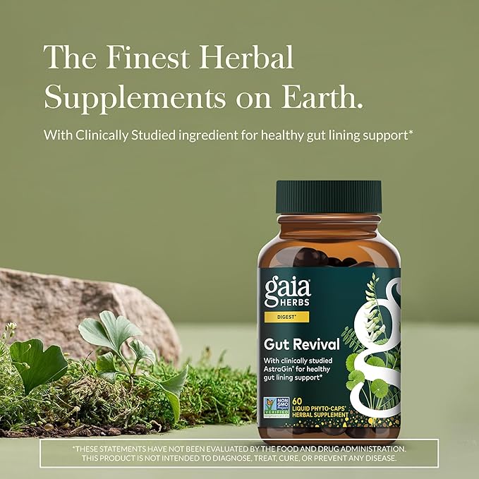 Gaia Herbs Gut Revival - Herbal Supplement to Support Healthy Gut Lining* - Made with AstraGin Gotu Kola Jujube &amp More - Free from Dairy Soy &amp Gluten - 60 Vegan Liquid Phyto-Caps (60 Servin