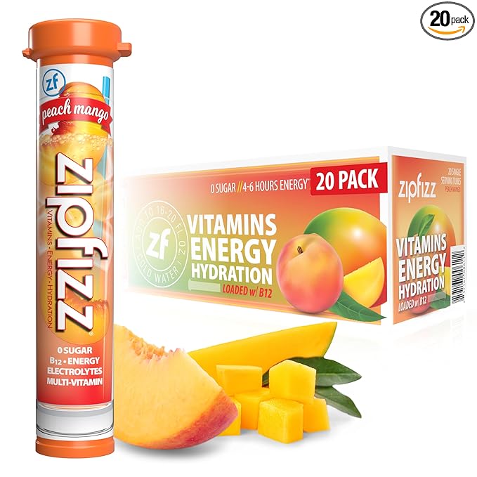 Zipfizz Daily Energy Drink Powder Peach Mango 20 Pack | 3-in-1 Sustained Energy Rapid Hydration and Essential Vitamins | Sugar-Free | Electrolyte Powder | Contains Vitamin B-12 &amp Antioxidants