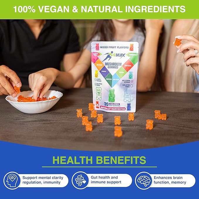 Ashwagandha and Lions Mane Mushroom Gummies for Adults - Organic - Reishi Maitake Chaga Cordyceps Shiitake Turkey Tail - Immune Support Memory Focus and Energy -Vegan Mushroom Supplement Gummy