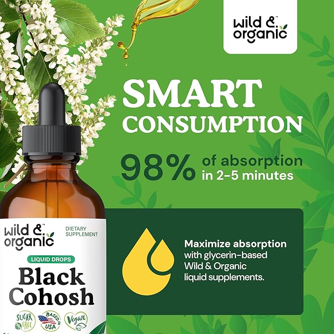 Wild &amp Organic Black Cohosh Supplements - Menopause Supplements for Women - 540 mg Black Cohosh Root Extract Tincture - Add to Tea Drops - 5-Month Supply - Vegan Sugar &amp Alcohol-Free - 4 fl o