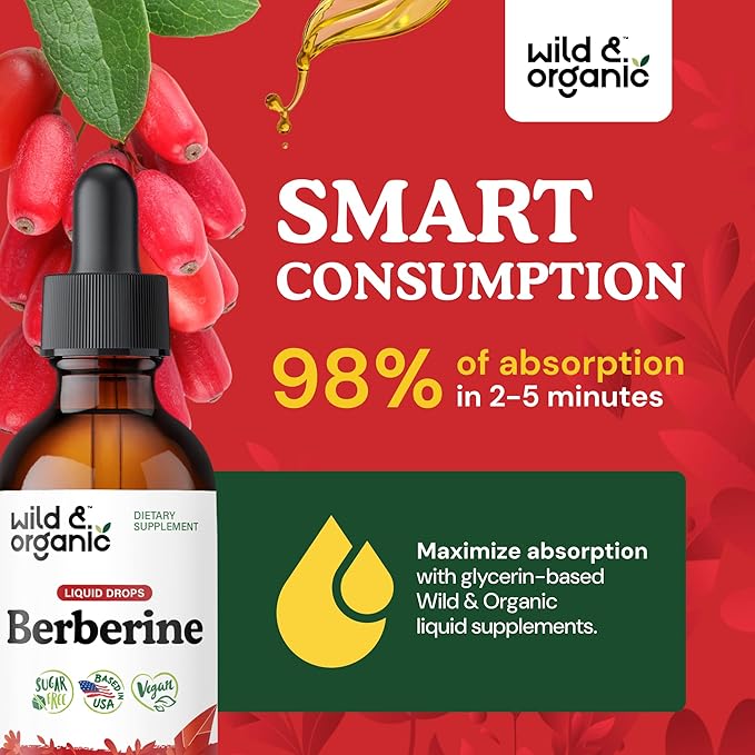 Wild &amp Organic Berberine Liquid Drops - 500mg Berberine Supplement HCL for Overall Support - Natural Extract Tincture - Vegan Alcohol &amp Sugar-Free - 2 fl oz