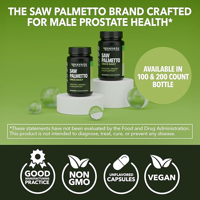 Saw Palmetto for Men Prostate Health Supplement to Promote Urinary Tract Function - 500mg Per Serving - 200 Count - DHT Blocker Hair Vitamin - Vegan Non-GMO Capsules Over 6 Month Supply