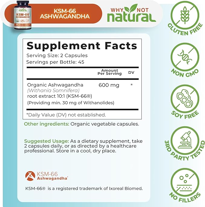 Why Not Natural Organic Ashwagandha KSM 66 Supplements Capsules - KSM66