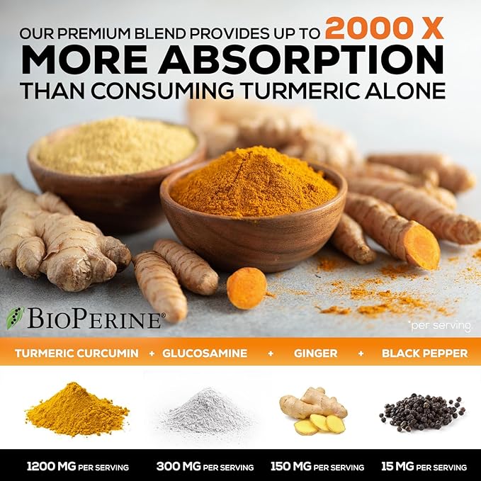 Turmeric Curcumin Supplement - 95% Curcuminoids with Glucosamine Ginger &amp MSM BioPerine Black Pepper Extract for Best Absorption Natural Vegan Joint Support Non-GMO Bottled in USA - 180 Capsu