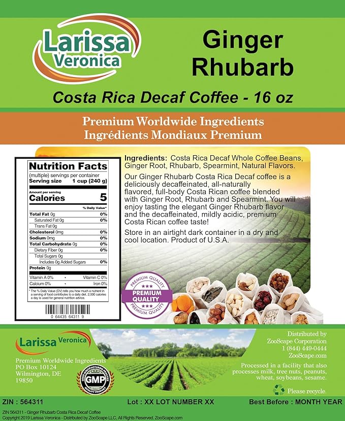 Ginger Rhubarb Costa Rica Decaf Coffee (Gourmet Naturally Flavored Whole Coffee Beans) (16 oz ZIN: 564311) - 3 Pack