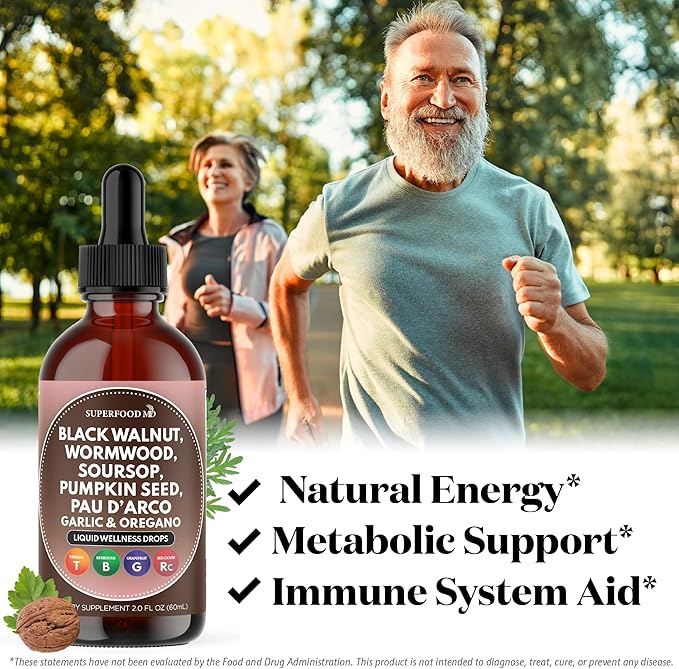 Wormwood Black Walnut Cleanse for Humans Drops Liquid Soursop Garlic Pumpkin Seed PAU D'Arco Oil of Oregano Turmeric Berberine Neem Extract Hull Bark Tincture - 6 oz