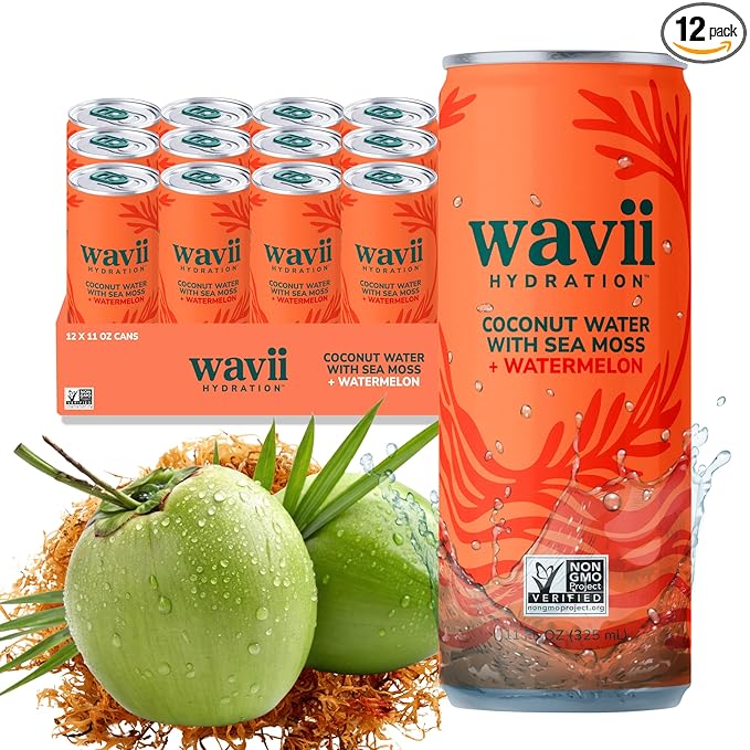 Wavii Hydration Organic Coconut Water with Organic Sea Moss plus Watermelon 11 fl oz Cans Pack of 12 – Clean Refreshing Hydration with Naturally Occurring Electrolytes No Added Sugar Non-GMO