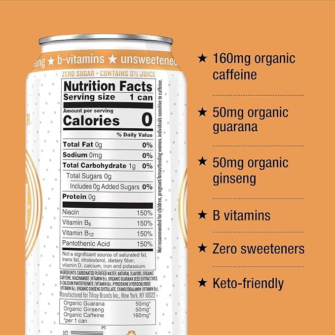 Hiball Clean Energy Seltzer Water Caffeinated Sparkling Water Made with Vitamin B12 and Vitamin B6 Sugar Free (8 pack of 16 Fl Oz) Peach