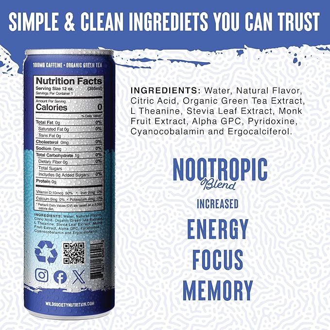 Wild Society Natural Energy Drink + Nootropics (12 pack) - 100 mg Organic Caffeine from Green Tea - Zero Sugar &amp Zero Calories - Monk Fruit Sweetened - Clean Ingredients - Fuel Mind &amp Body - B