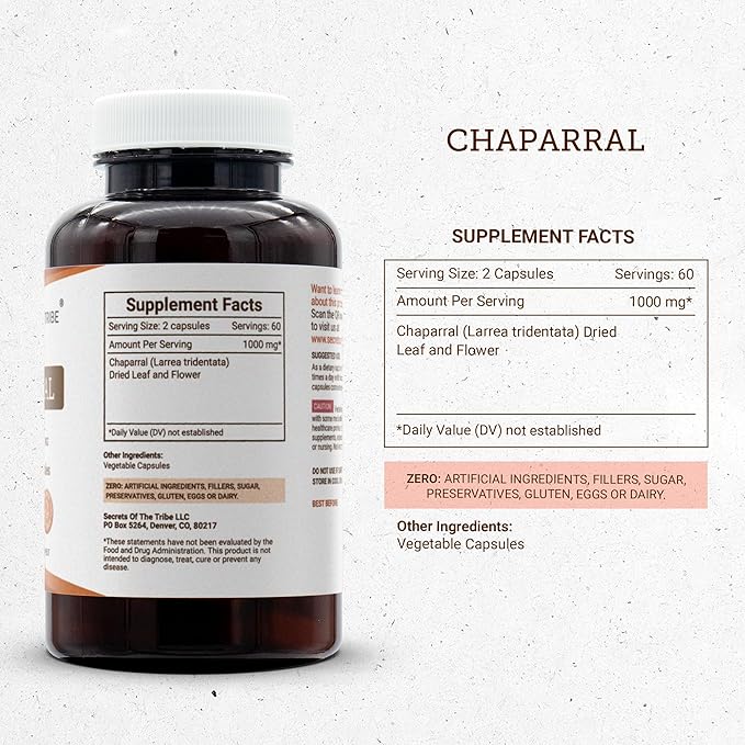 Secrets of the Tribe Chaparral 120 Capsules 1000 mg Chaparral (Larrea tridentata) Dried Leaf and Flower (120 Capsules)