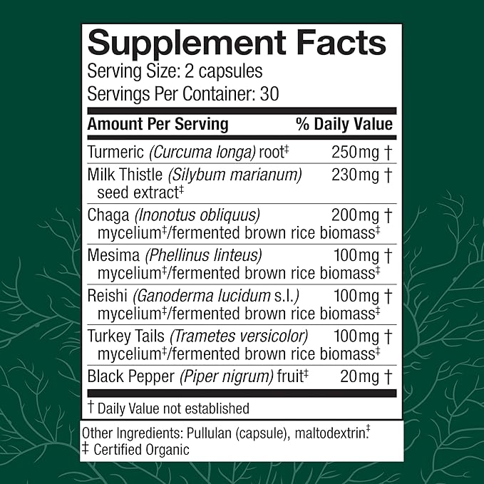 Host Defense MycoBotanicals Liver* Capsules - Liver Health Supplement with Milk Thistle &amp Turmeric Root - Mushroom Supplement with Turkey Tail Reishi &amp Chaga - 60 Capsules (30 Servings)*