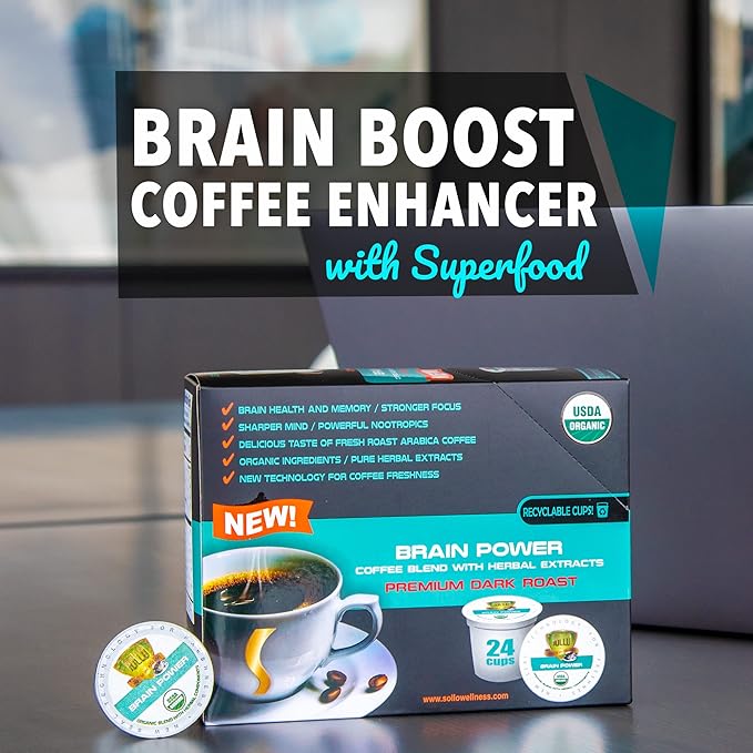 SOLLO Brain Power Dark Coffee Pods MCT &amp Essential nutrition Nootropic Brain Booster For Memory &amp Focus Compatible with 2.0 K-Cup Keurig Brewers 24 Count