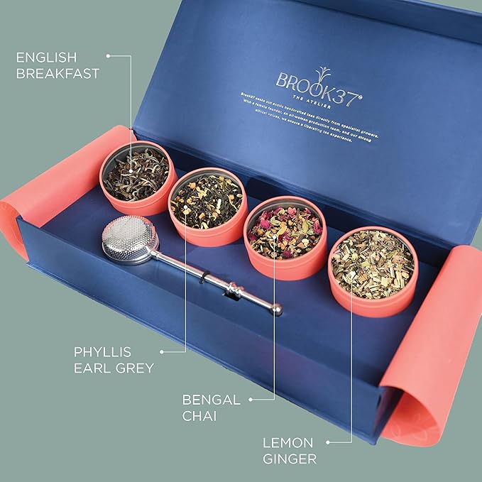 Brook37 Epicurean Tea Gift Box - 4-Pc Assorted Loose Leaf Tea Variety Pack Collection| Handcrafted Silver Plated Tea Infuser and Gift Box included | English Breakfast Phyllis Earl Grey Bengal Chai