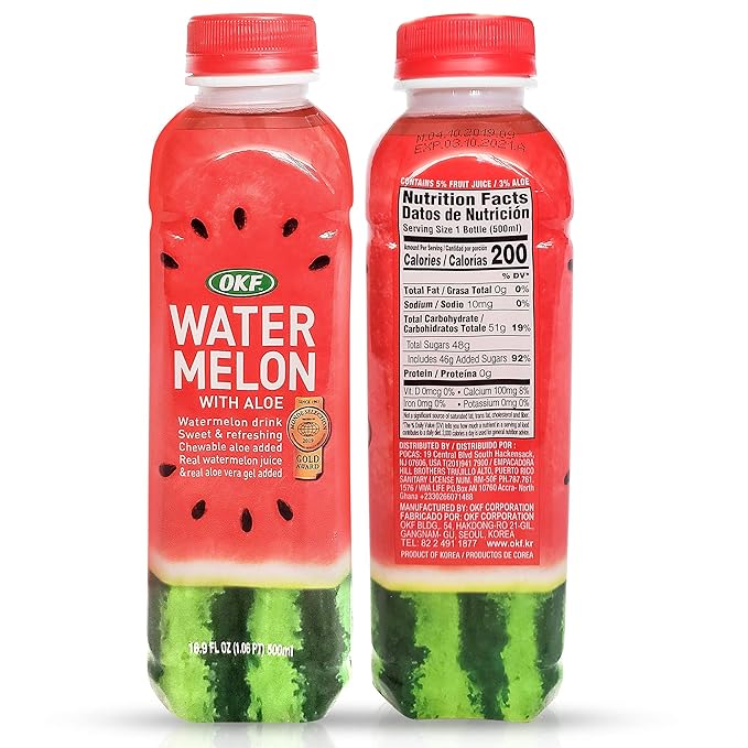 OKF Watermelon with Aloe Vera Drink Sweet and Refreshing W/Chewable Aloe added. Real Watermelon Juice and Real Aloe Vera Gel Added 16.9 Fluid Ounce (Pack OF 10)