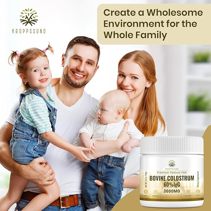Kroppssund Bovine Colostrum Powder Supplement 3000 mg - Extra High 60% IgG Bovine Colostrum - Gut Bone Exercise Immune - 50 Servings (1 Bottle)