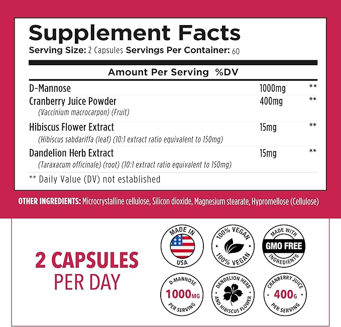 Plantvital D Mannose Capsules with Cranberry - D-mannose 1000mg Capsules - High Potency for Bladder Kidney and Urinary Tract Support. Cranberry Powder with Hibiscus and Dandelion. 2 Months Supply