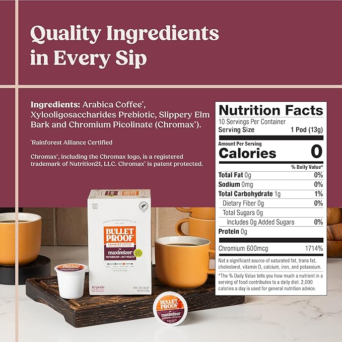 Bulletproof Maximizer Coffee Pods Medium Roast Prebiotic K Cups with Chromium Picolinate for Metabolism &amp Gut Health Support Clean Coffee Tested 10 Count