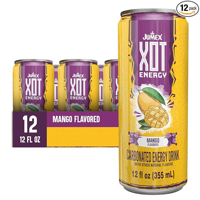 Jumex XOT Energy Drink - Mango - Natural Caffeine from Mexican Coffee Beans - Carbonated Preworkout with Vitamin B2 B3 B5 B12 - Mexican Drinks - Bebidas Energéticas - 12 Fl oz 12 Pack Cans