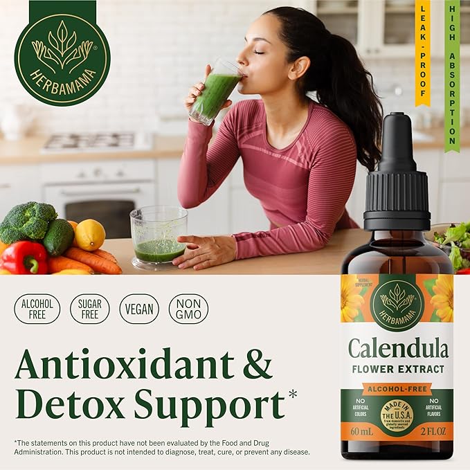 HERBAMAMA Calendula Tincture - Vegan Antioxidant &amp Detox Support with Calendula Extract Drops - Non-GMO Alcohol &amp Sugar-Free Liquid Supplement 42-Day Supply