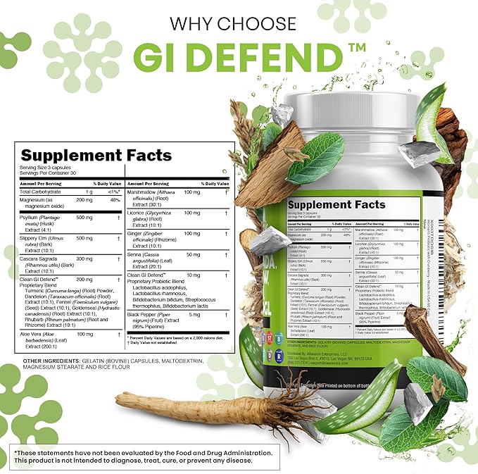 Clean Nutraceuticals Slippery Elm Psyllium Husk Pre Probiotic Digestive Gut Health Supplement with Aloe Vera Cascara Sagrada Marshmallow Root DGL Licorice Senna Extract (Pack of 2)