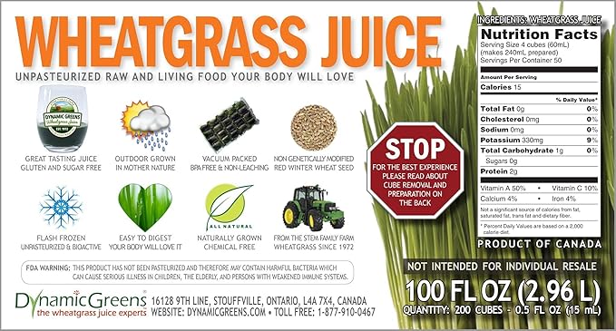 100% Wheatgrass Juice – Field-Grown Flash-Frozen Unpasteurized – 100 fl oz (200 x 0.5 fl oz Portions) – Dynamic Greens