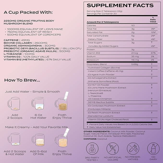 Atlas+ Latte Mushroom Coffee Superblend– Premium Coffee with Collagen Probiotics D3 &amp B12 Lion’s Mane Reishi Cordyceps Coconut– for Energy Focus Immunity &amp Gut Health– 20 Servings (1 B