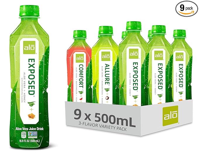 ALO Aloe Vera Juice | 16.9 fl oz Pack of 9 | 3-Flavor Variety Pack | ALLURE COMFORT EXPOSED Plant-Based Drink