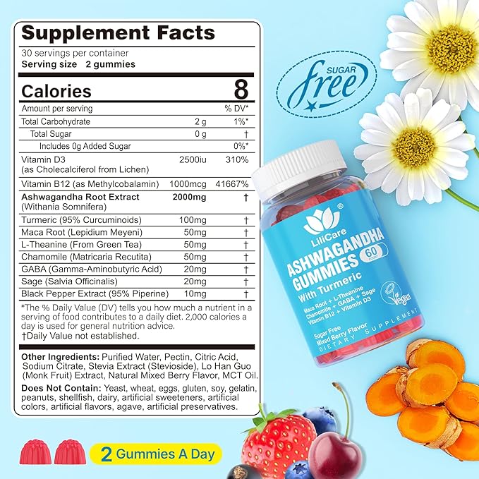 Ashwagandha Gummies 2000mg for Women Men - Sugar Free Vegan - Organic Ashwagandha Root Extract Supplements Gummy &amp Vitamin D3 B12 and Turmeric Promote Relaxation Mixed Berry Flavor 120 Count