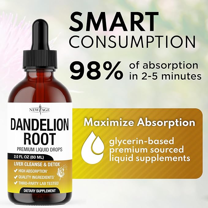 NEW AGE Dandelion Root Extract Drops - Liver Cleanse Detox Support - Dandelion Tincture for Liver Support - Vegan Sugar &amp Alcohol-Free Liquid Supplement - 8 fl oz