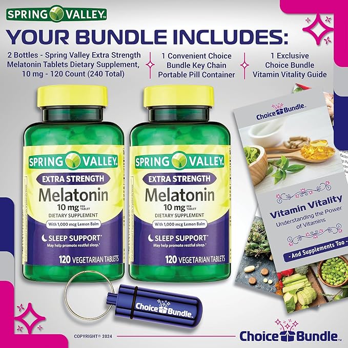Spring Valley Extra Strength Melatonin Tablets with Lemon Balm Dietary Supplement for Sleep Support 10 mg 120 Ct 2 pk (240 Total) + Vitamin Vitality &amp Pill Container (4 Items)!