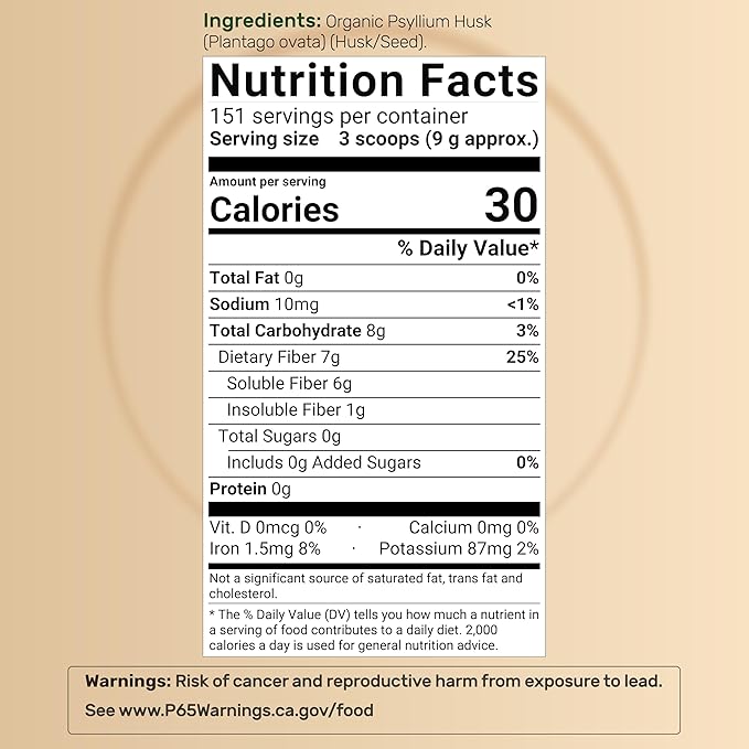 NatureBell Psyllium Husk Fiber Supplement 9000mg Per Serving 3lb (48oz) Powder | Organic Soluble Fiber for Digestive &amp Gut Health | Plant-Based Unflavored Non-GMO Gluten-Free*