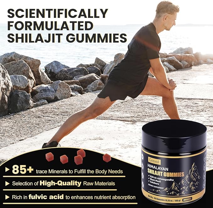 Himalayan Shilajit Gummies with Ashwagandha - Fulvic Acid &amp 85+ Trace Minerals - No Added Sugar - Shilajit for Men &amp Women - 60 Gummy