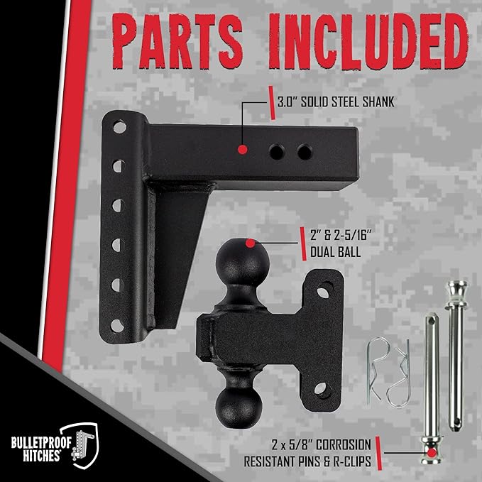 BulletProof Hitches - 3.0 Adjustable Heavy Duty Trailer Hitch (22000 lb. Rating) - 6 Drop/Rise Trailer Hitch with 2 &amp 2-5/16 Dual Ball - Powder Coat Solid Steel Corrosion-Resistant